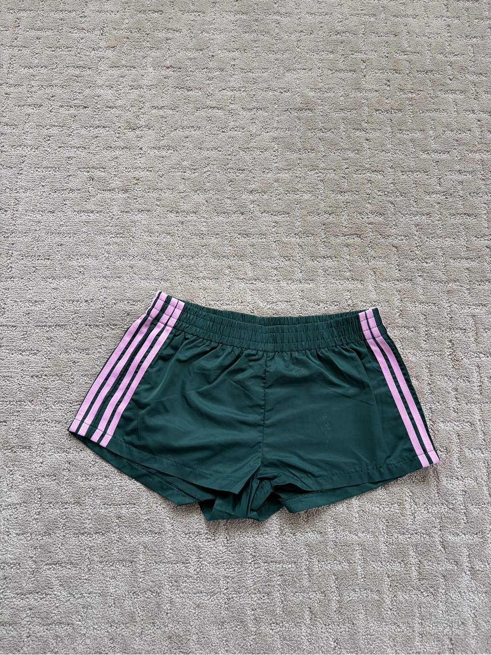 Edikted Dark Green Athletic Shorts with Pink Side Stripes